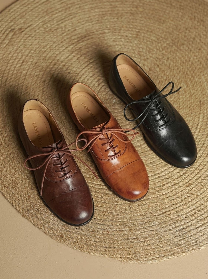Women's Leather Lace-Up Cap Toe Oxford Flat Shoes - Brown