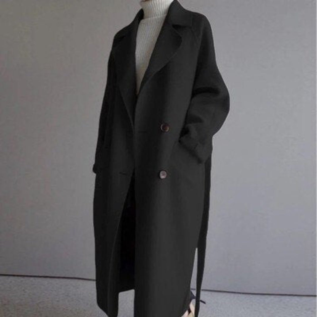 Women's Long Double-Breasted Wool-Blend Trench Coat - Black