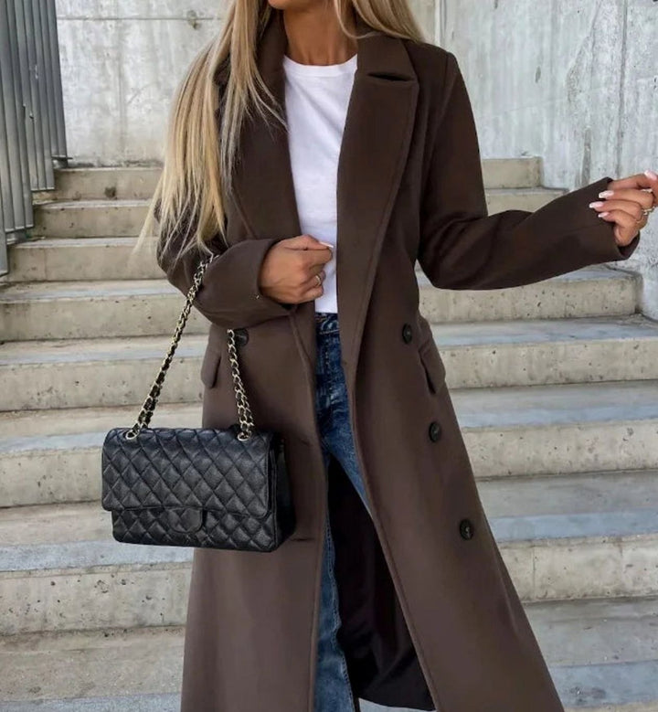 Women's Long Lapel Double-Button Front Coat - Dark Brown