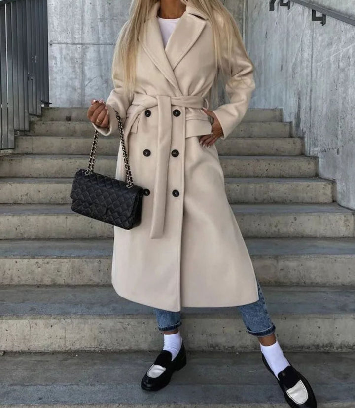 Women's Long Lapel Double-Button Front Coat - Khaki
