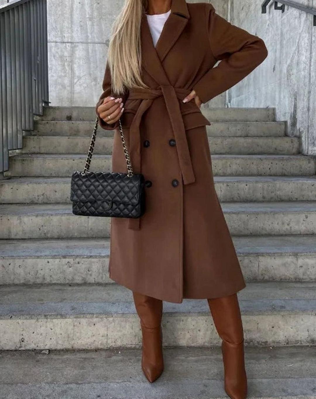 Women's Long Lapel Double-Button Front Coat - Brown