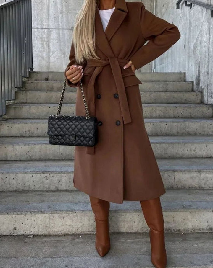 Women's Long Lapel Double-Button Front Coat - Brown