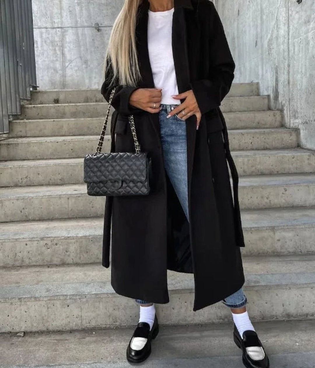 Women's Long Lapel Double-Button Front Coat - Black