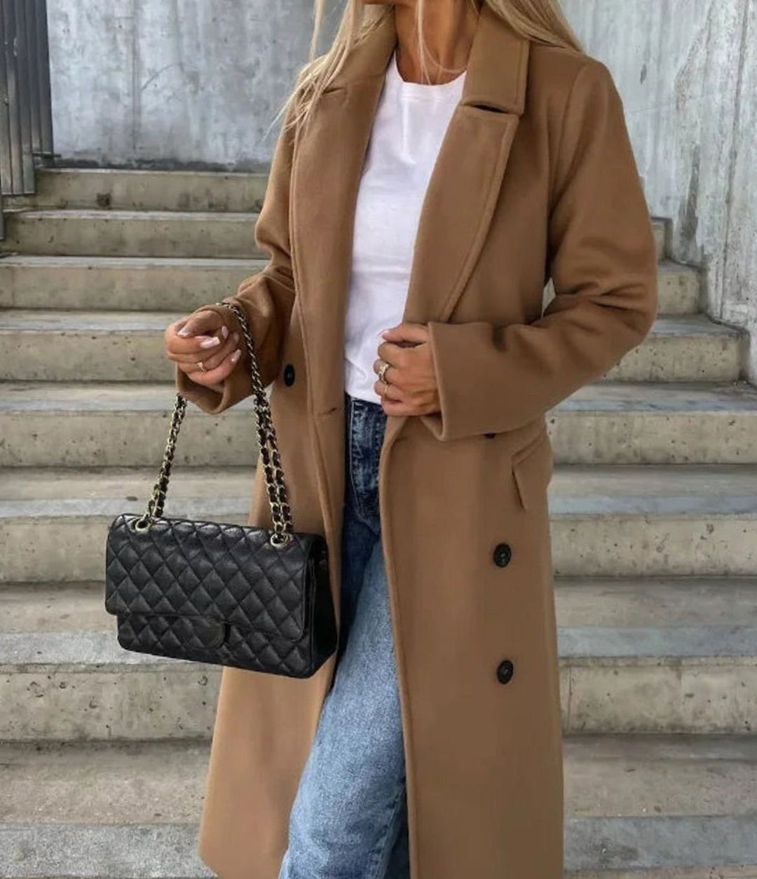 Women's Long Lapel Double-Button Front Coat - Light Brown