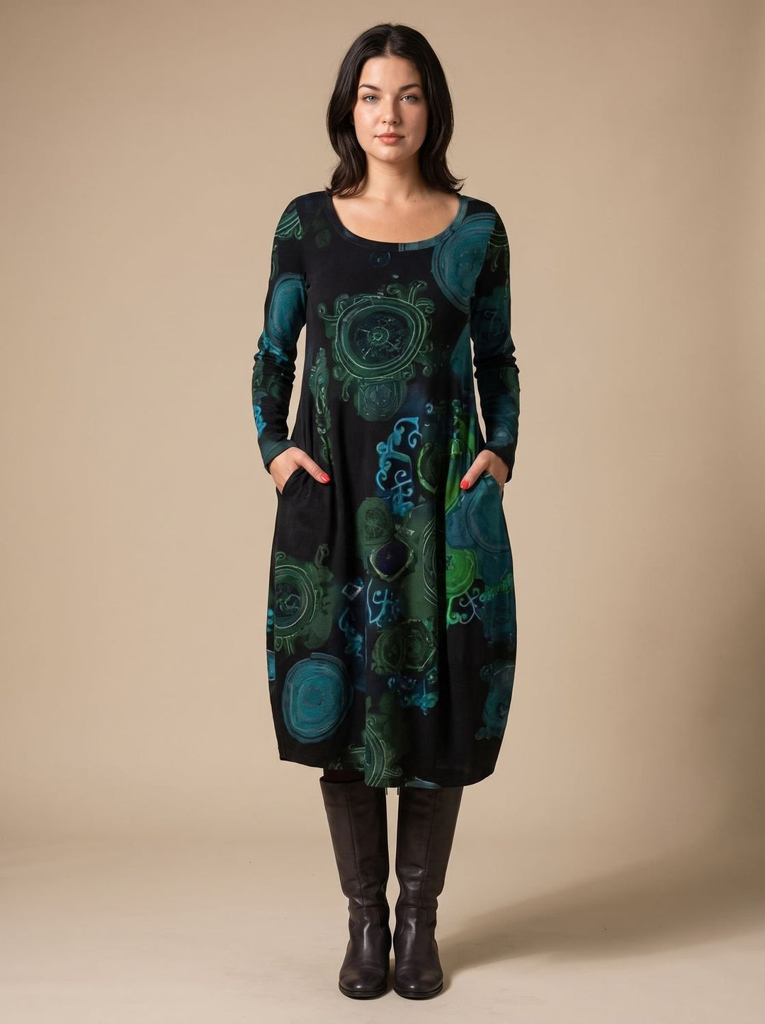 Women's Long-Sleeve Allover-Print Midi Dress Pockets