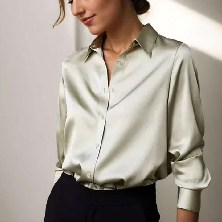 Women's Long Sleeve Button-Down Loose Satin Blouses - Green