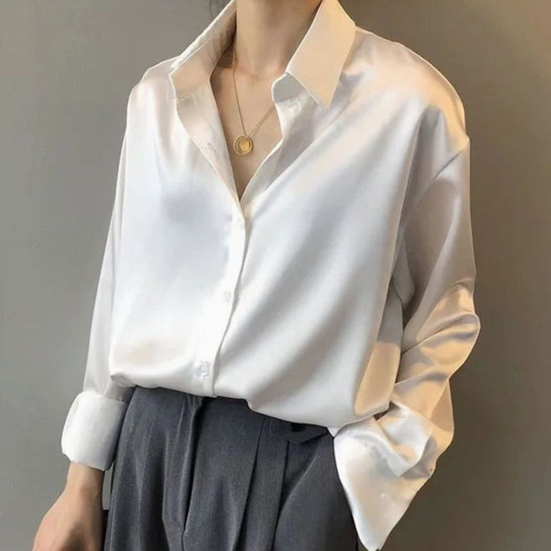Women's Long Sleeve Button-Down Loose Satin Blouses - White