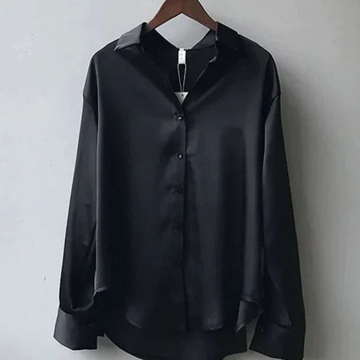 Women's Long Sleeve Button-Down Loose Satin Blouses - Black
