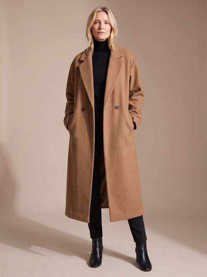 Women's Long Tailored Overcoat Double-Breasted Winter Coat - Brown