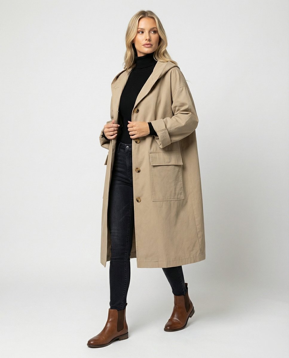 Women's Long Waterproof Hooded Trench Coat - Beige