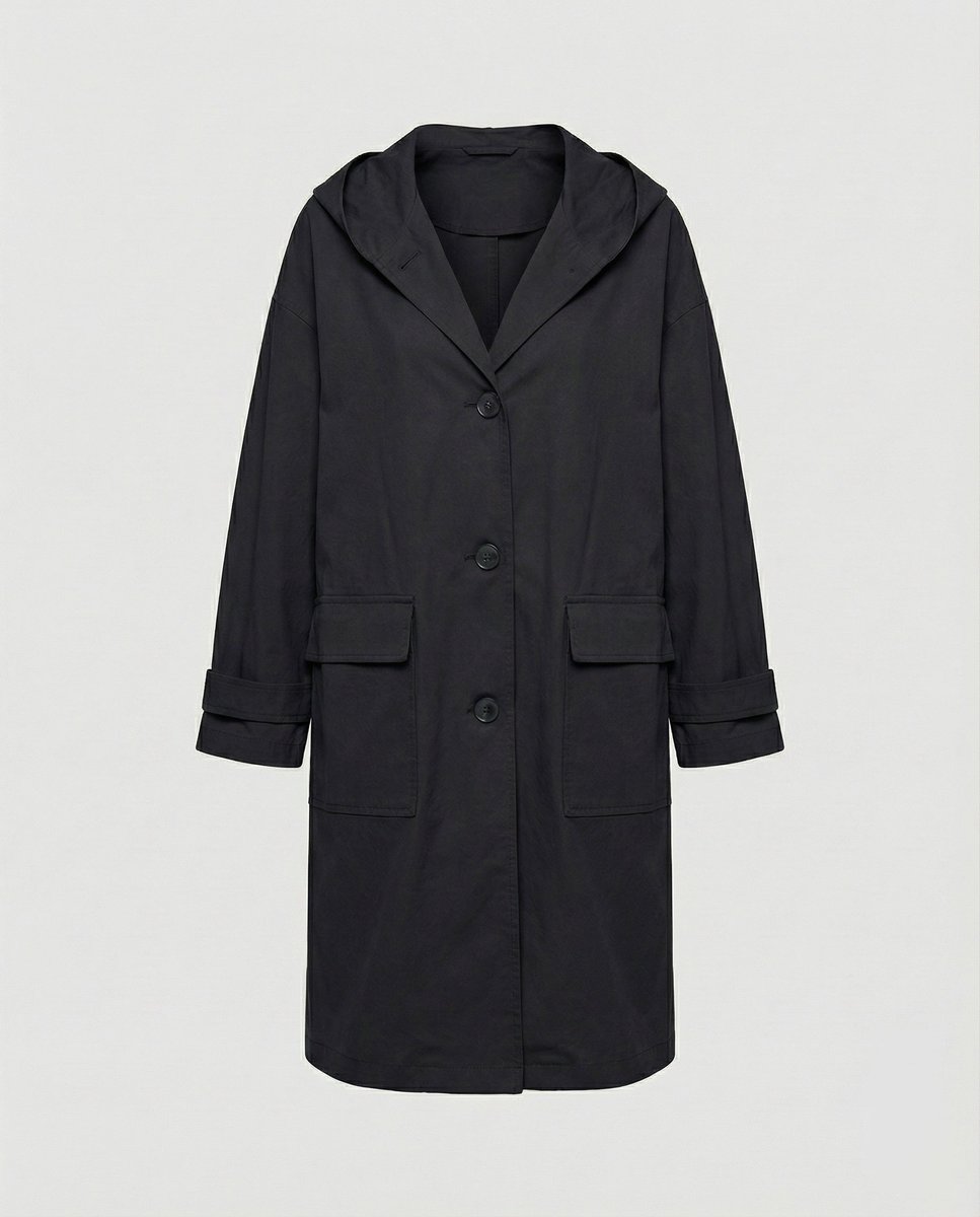 Women's Long Waterproof Hooded Trench Coat - Black