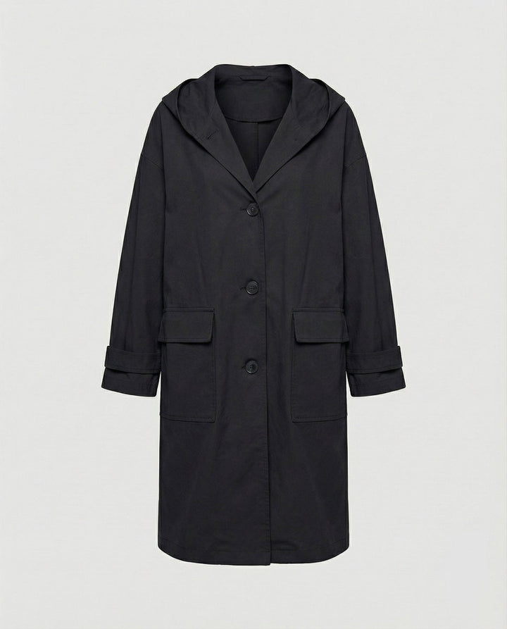 Women's Long Waterproof Hooded Trench Coat - Black