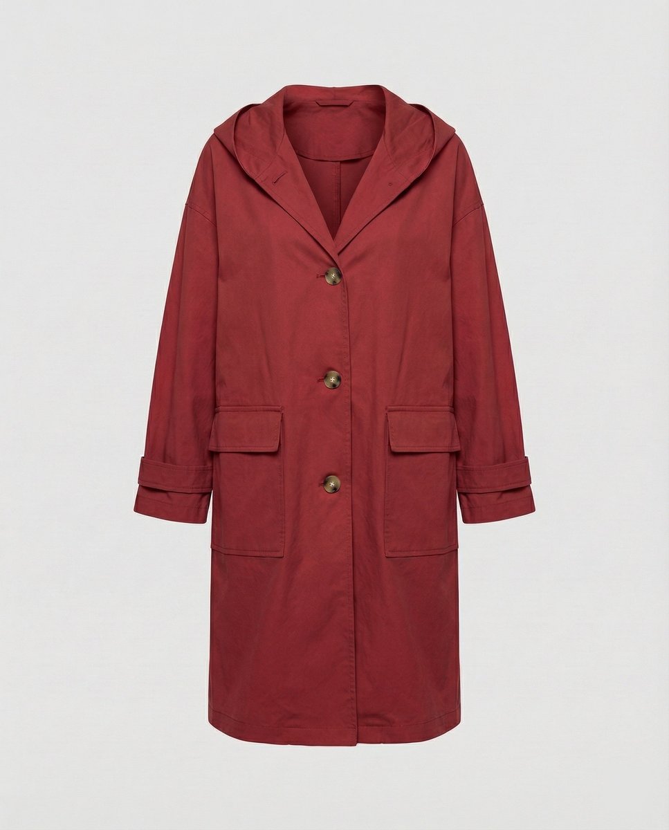 Women's Long Waterproof Hooded Trench Coat - Red