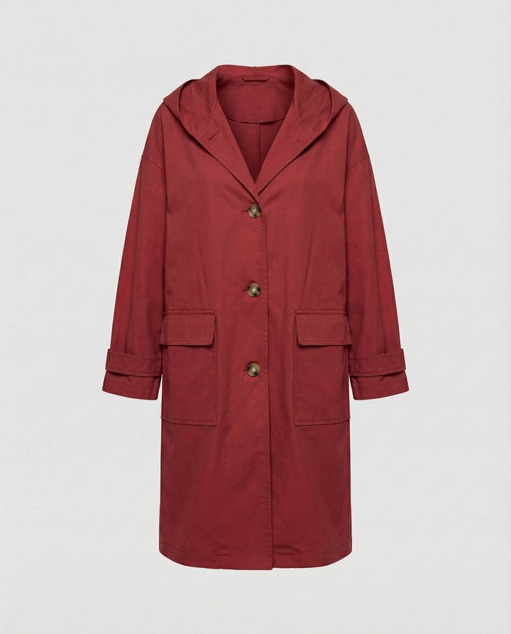 Women's Long Waterproof Hooded Trench Coat - Red