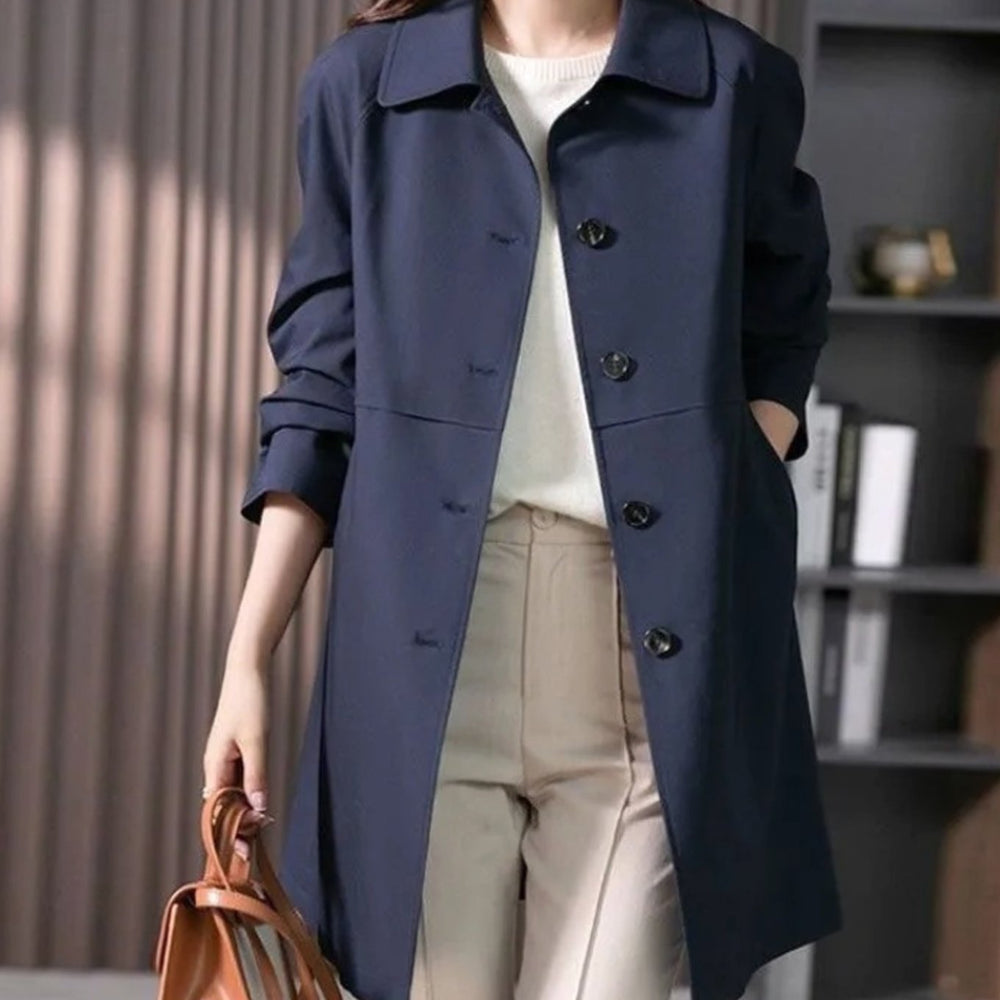 Women's Longline Single-Breasted Button-Front Trench Coat - Dark Blue