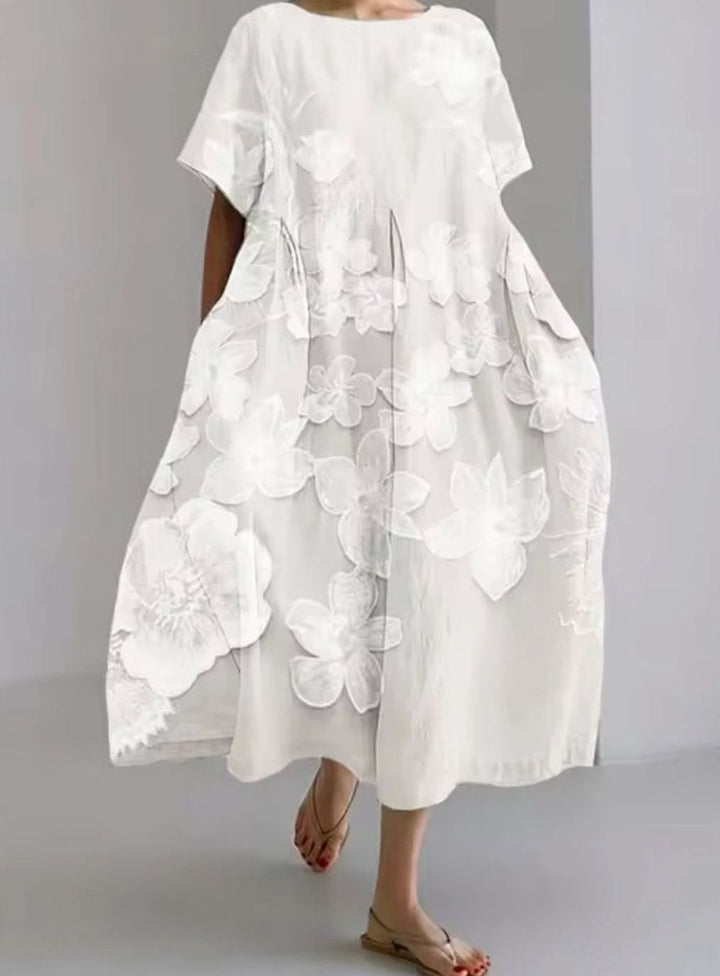 Women's Loose Floral Applique Round Neck Midi Dress - White Floral