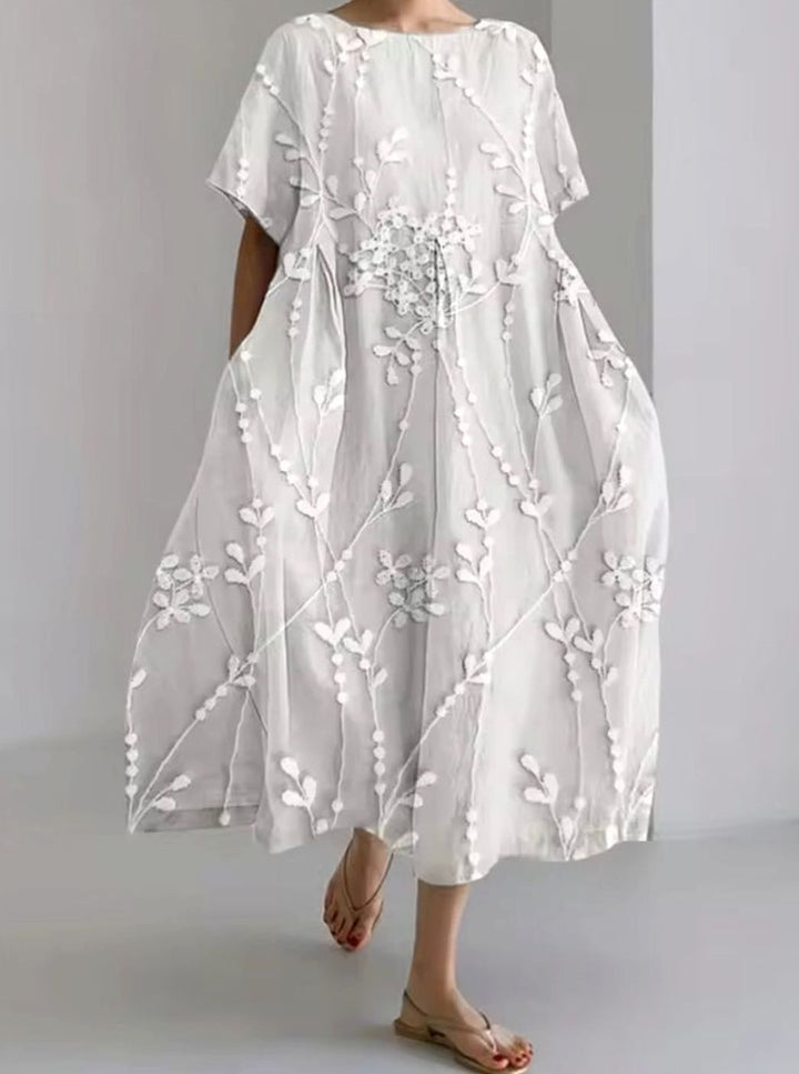 Women's Loose Floral Applique Round Neck Midi Dress - Floral Gray