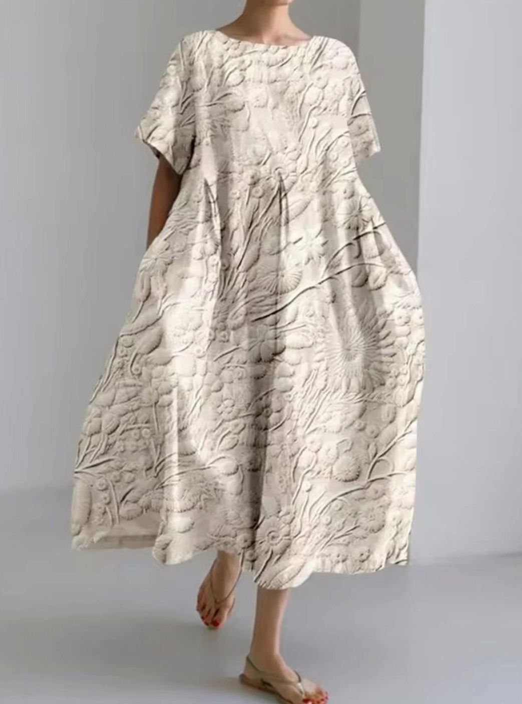 Women's Loose Floral Applique Round Neck Midi Dress - Floral Beige