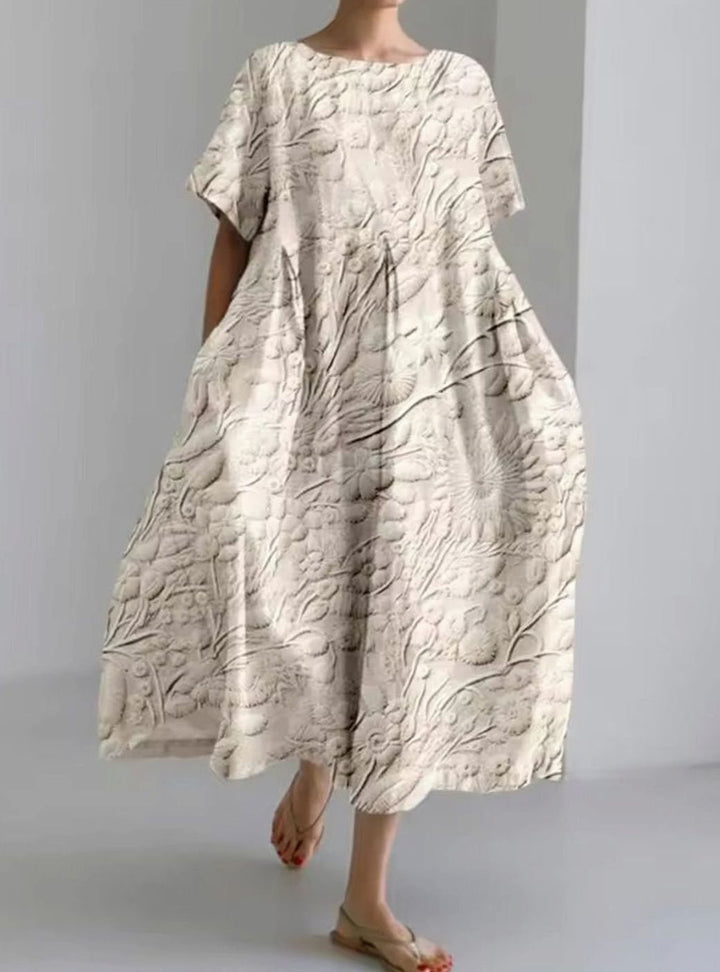 Women's Loose Floral Applique Round Neck Midi Dress - Floral Beige