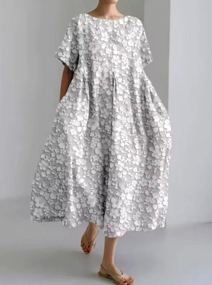 Women's Loose Floral Applique Round Neck Midi Dress - Floral Dark Gray