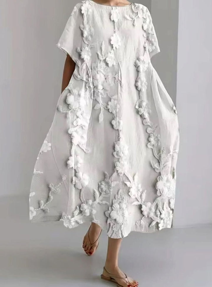 Women's Loose Floral Applique Round Neck Midi Dress - Big Floral White