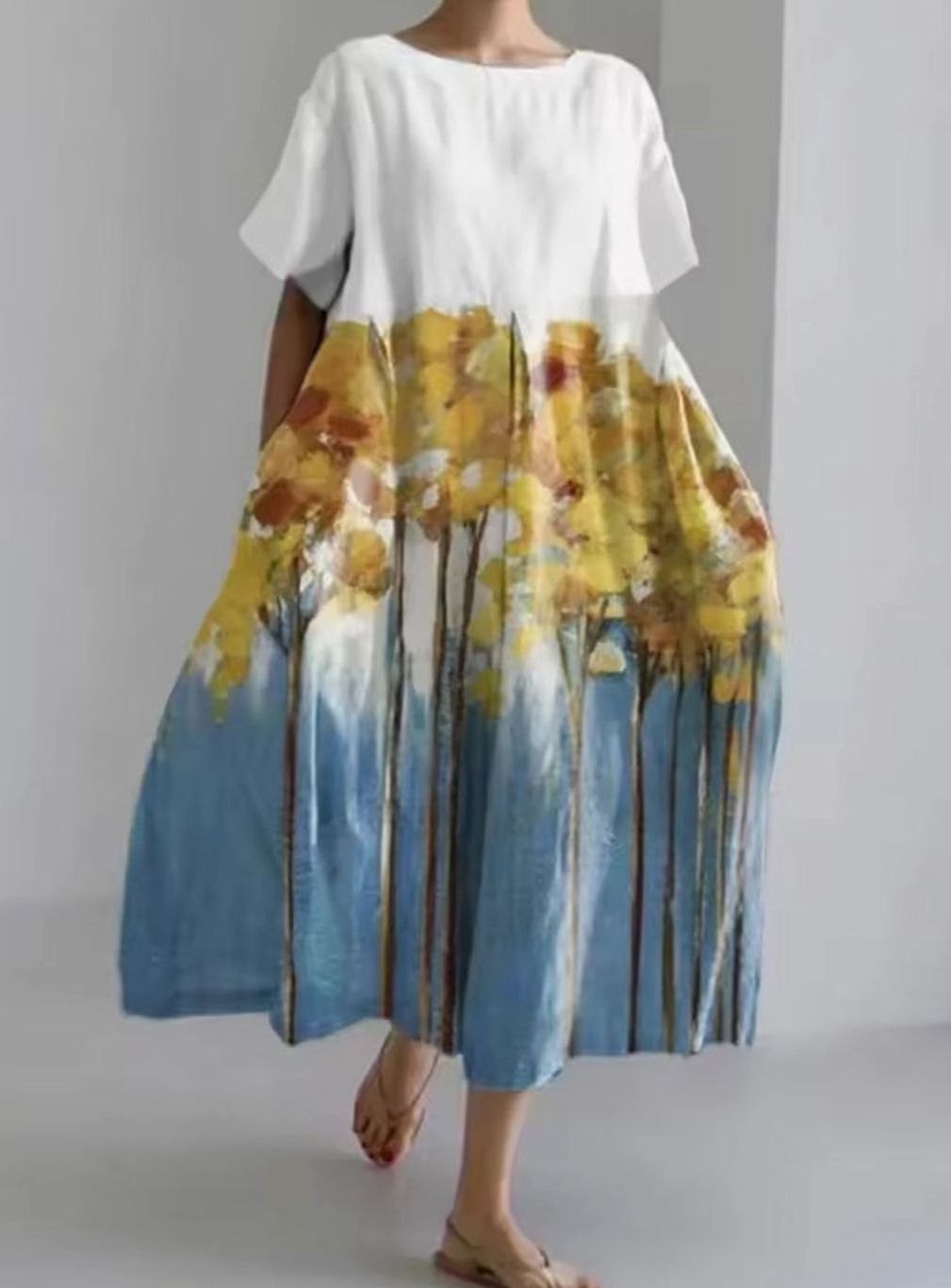 Women's Loose Floral Applique Round Neck Midi Dress - Multicolor 1