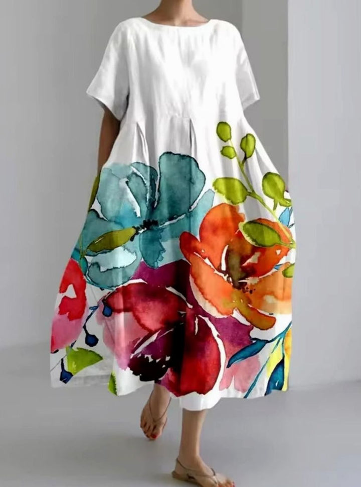 Women's Loose Floral Applique Round Neck Midi Dress - Multicolor 2