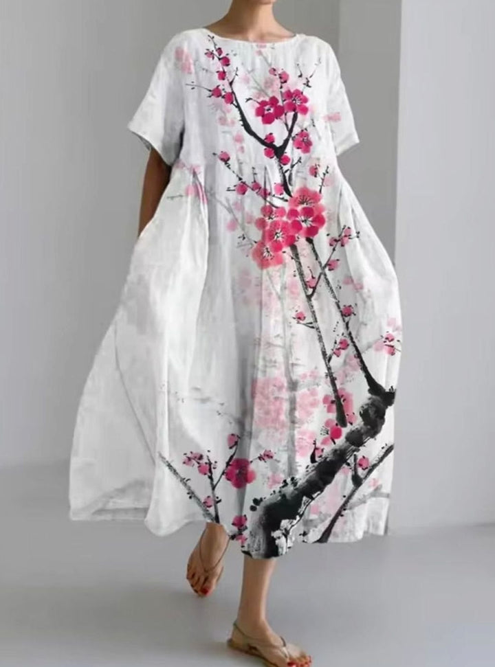 Women's Loose Floral Applique Round Neck Midi Dress - White Pink