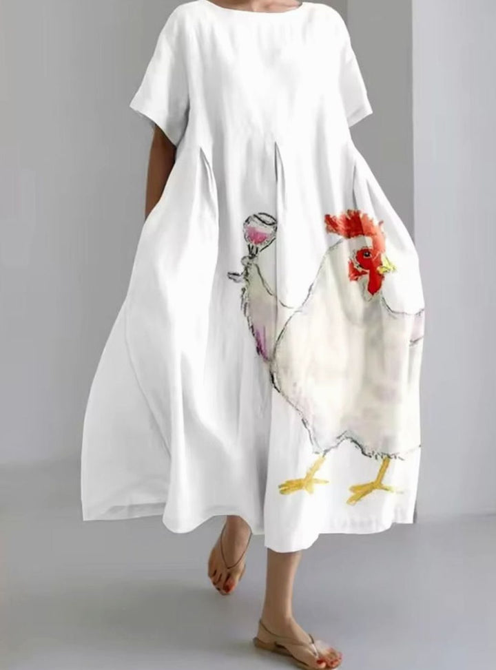 Women's Loose Floral Applique Round Neck Midi Dress - Printed White