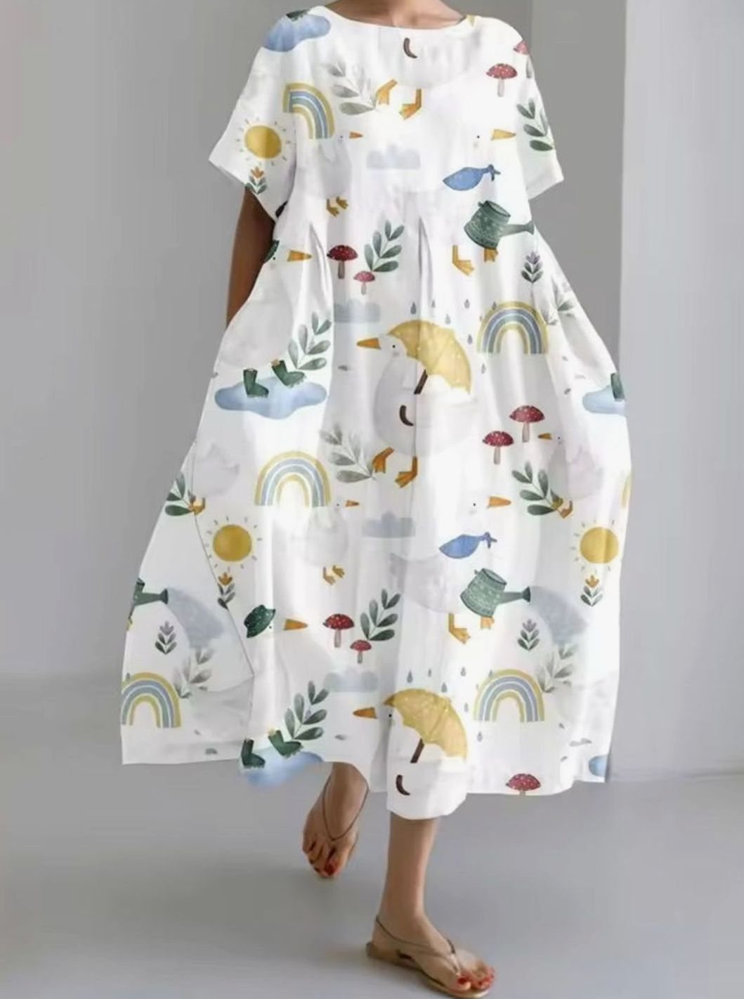 Women's Loose Floral Applique Round Neck Midi Dress - Multi Print