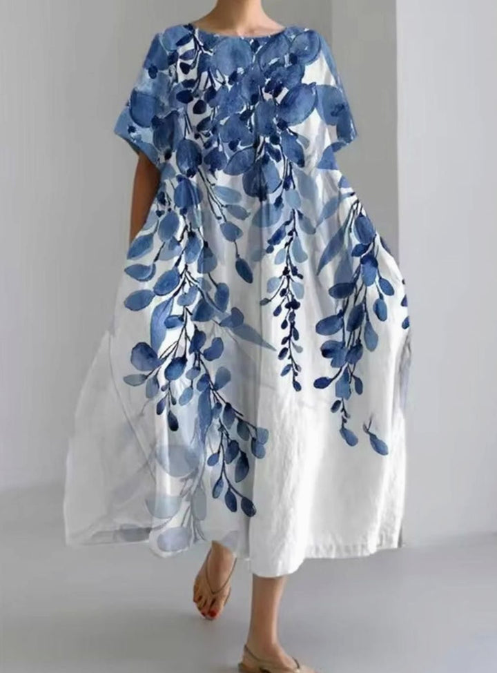 Women's Loose Floral Applique Round Neck Midi Dress - Floral Blue