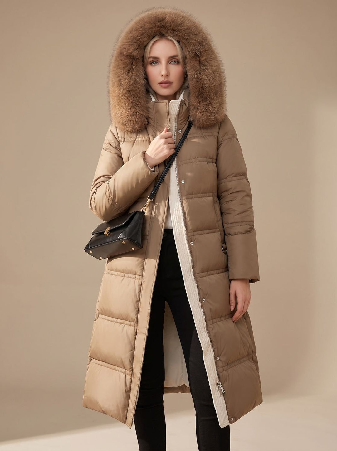 Women's Luxury Long Puffer Parka Fur-Hood Winter Coat - Brown