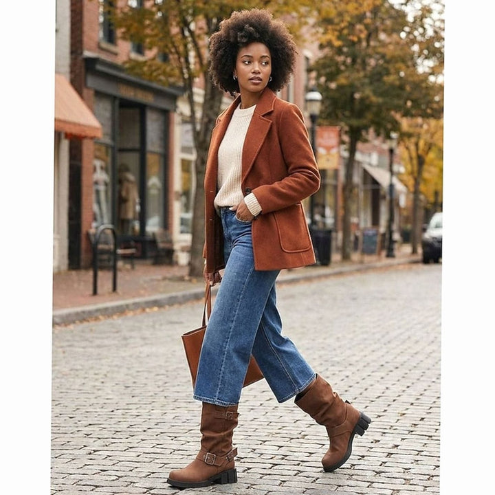 Women's Mid-Calf Buckle-Strap Slouch Biker Boots