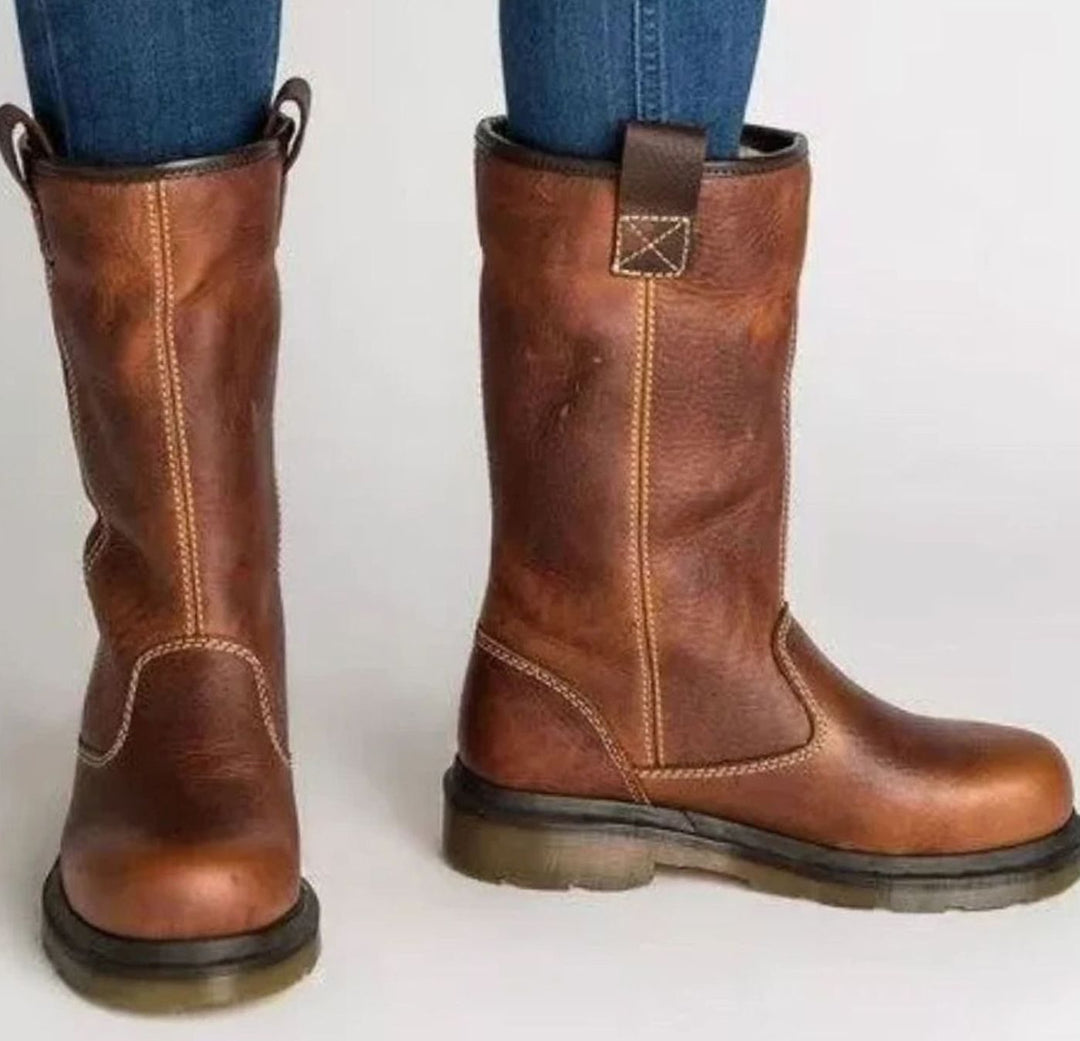Women's Mid-Calf Round-Toe Pull-On Lined Leather Boots - Brown
