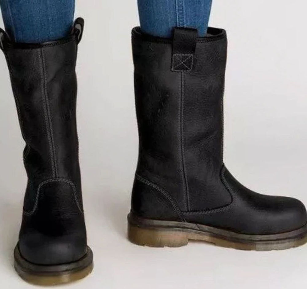 Women's Mid-Calf Round-Toe Pull-On Lined Leather Boots - Black