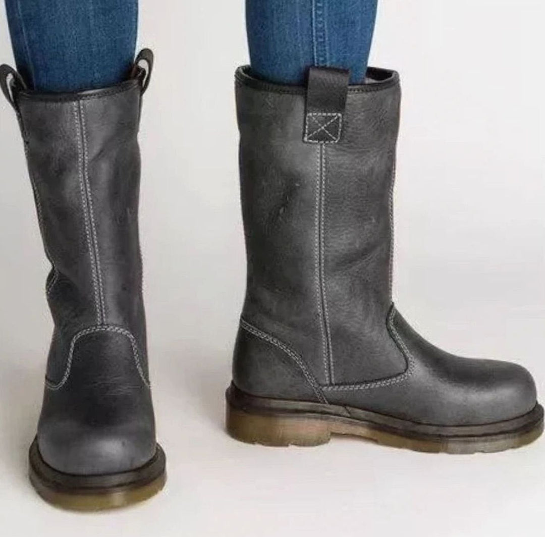 Women's Mid-Calf Round-Toe Pull-On Lined Leather Boots - Grey
