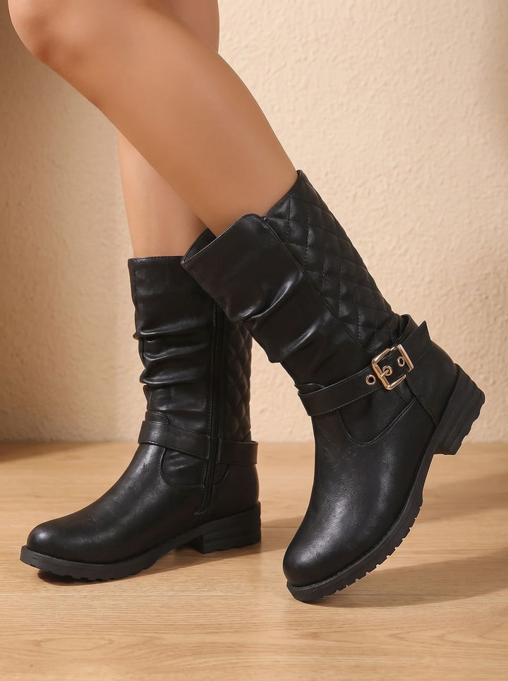 Women's Mid-Calf Slouch Boots Low Block Heel Gold Buckle