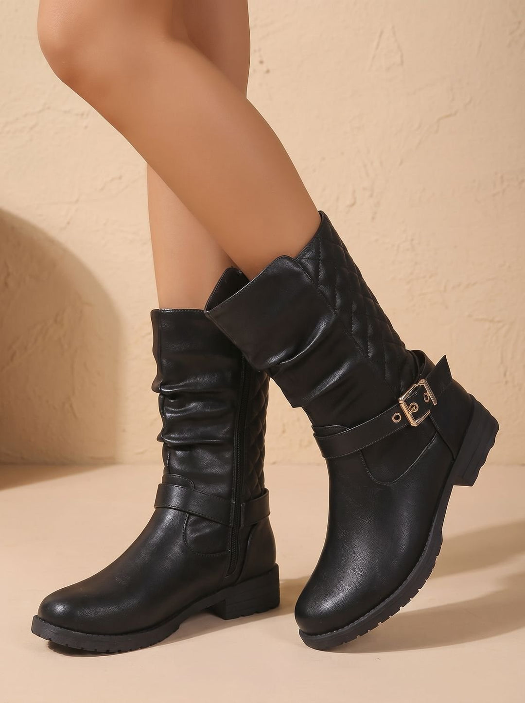 Women's Mid-Calf Slouch Boots Low Block Heel Gold Buckle