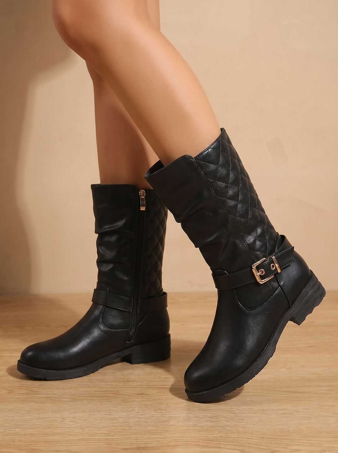 Women's Mid-Calf Slouch Boots Low Block Heel Gold Buckle