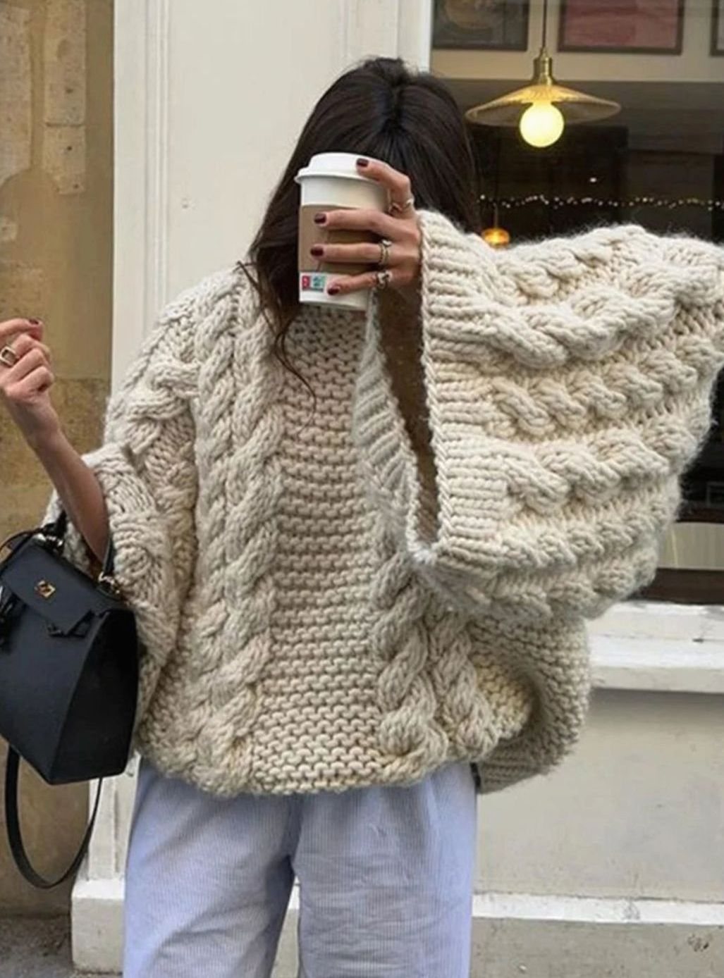 Women's Oversized Cable-Knit Chunky Crewneck Sweater - White