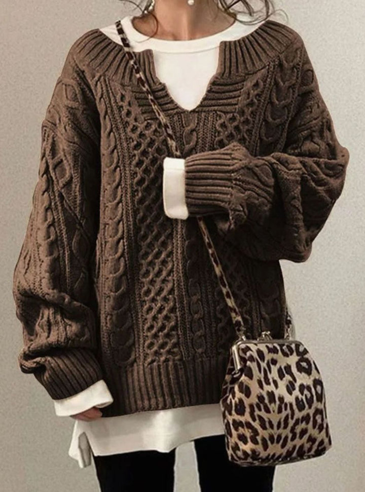 Women's Oversized Cable Knit Sweater V-Neck Long Sleeve Jumper - Brown