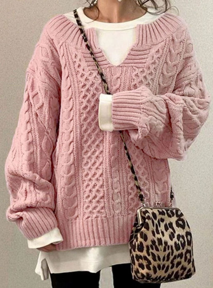 Women's Oversized Cable Knit Sweater V-Neck Long Sleeve Jumper - Pink