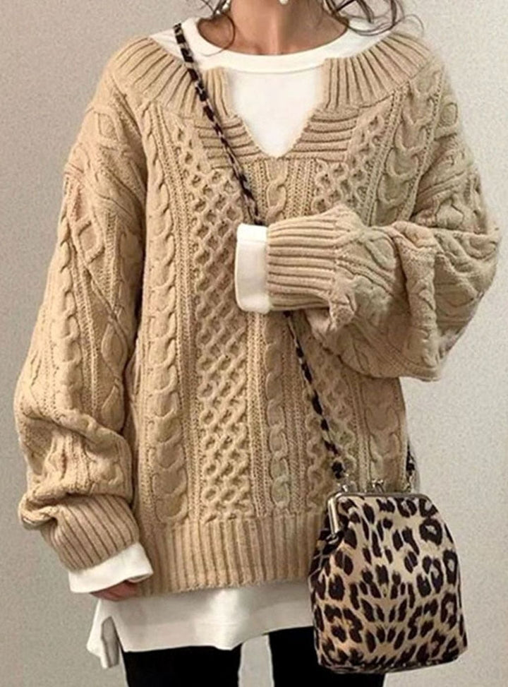 Women's Oversized Cable Knit Sweater V-Neck Long Sleeve Jumper - Beige