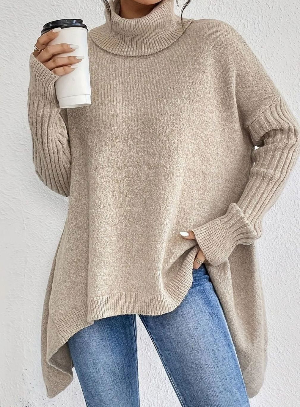 Women's Oversized Cashmere Turtleneck Longline Knit Jumper - Apricot