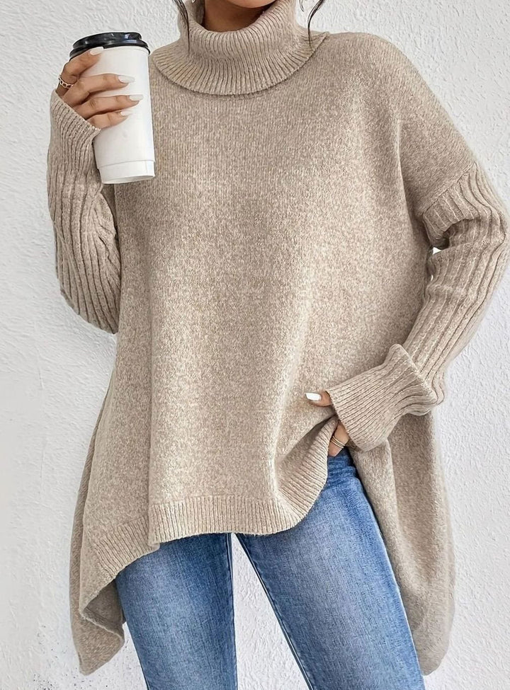 Women's Oversized Cashmere Turtleneck Longline Knit Jumper - Apricot