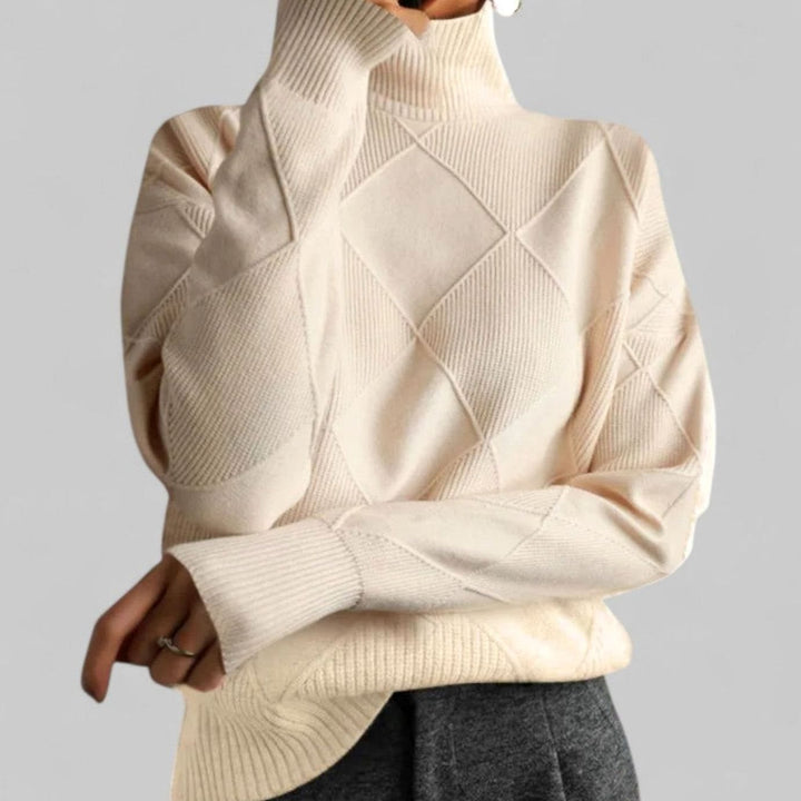 Women's Oversized Diamond-Knit Turtleneck Sweater Long Sleeve - Beige