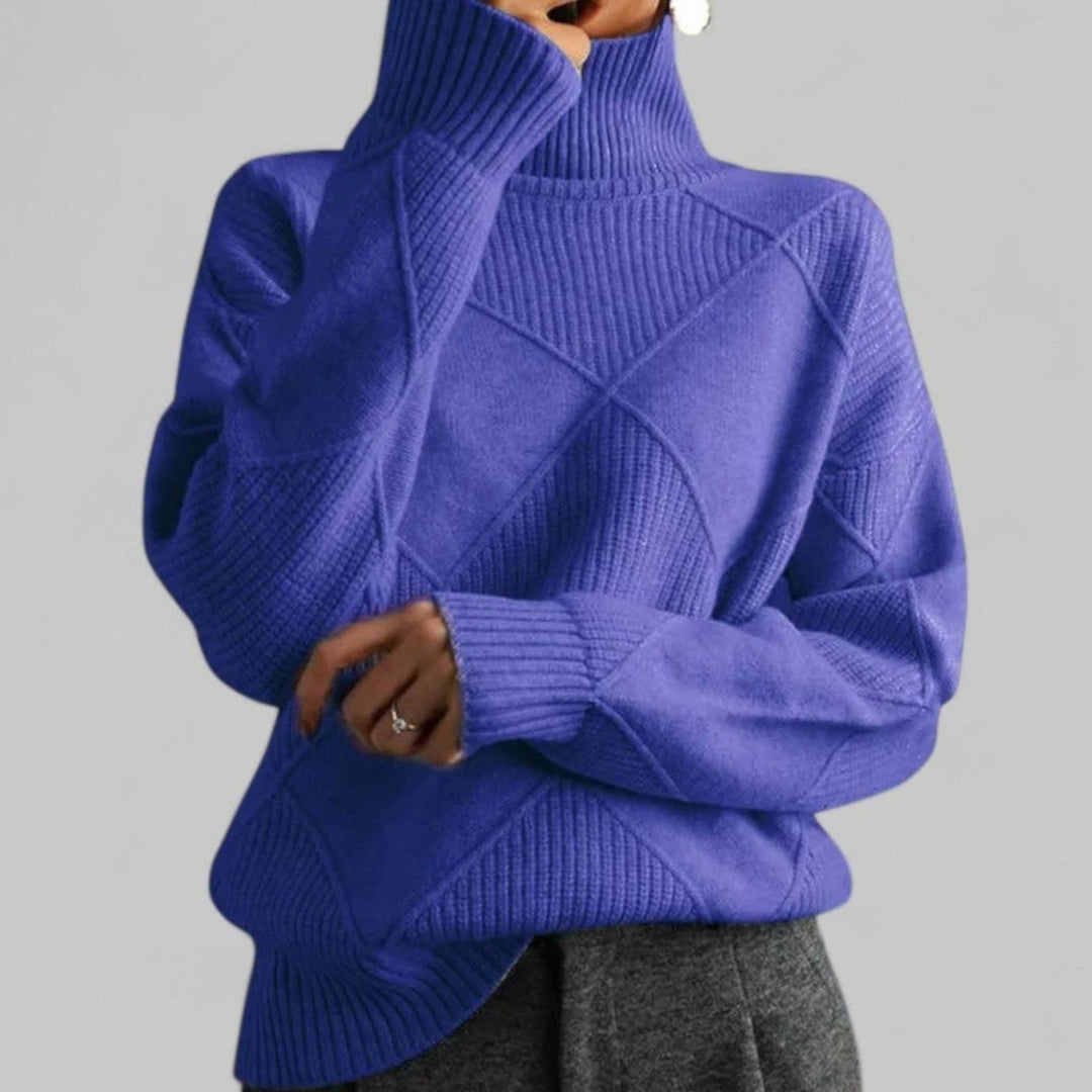 Women's Oversized Diamond-Knit Turtleneck Sweater Long Sleeve - Purple