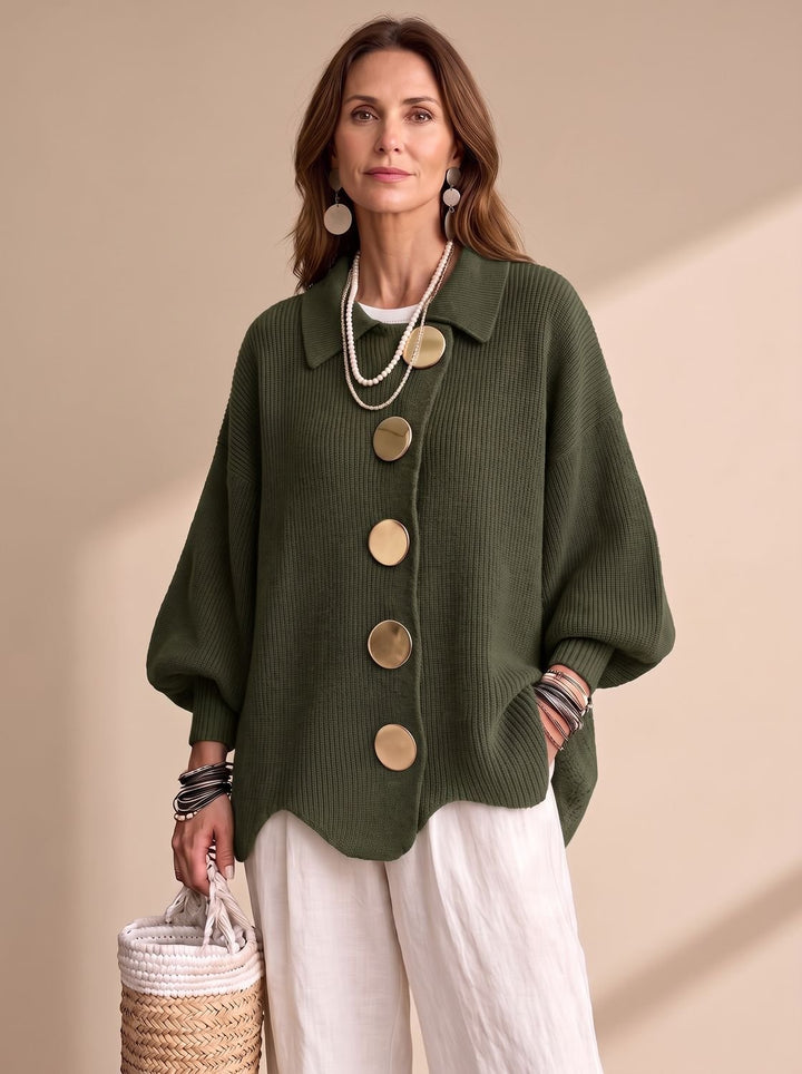 Women's Oversized Lantern-Sleeve Gold-Button Knit Cardigan - Olive Green