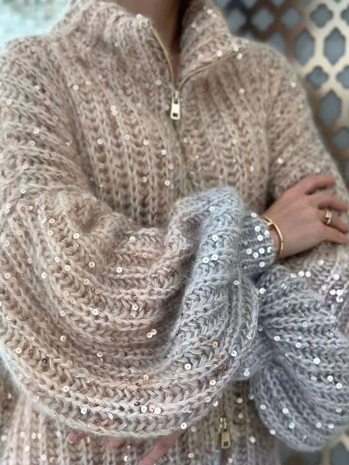 Women's Oversized Sequin Zip-Neck Chunky Knit Cardigan Sweater