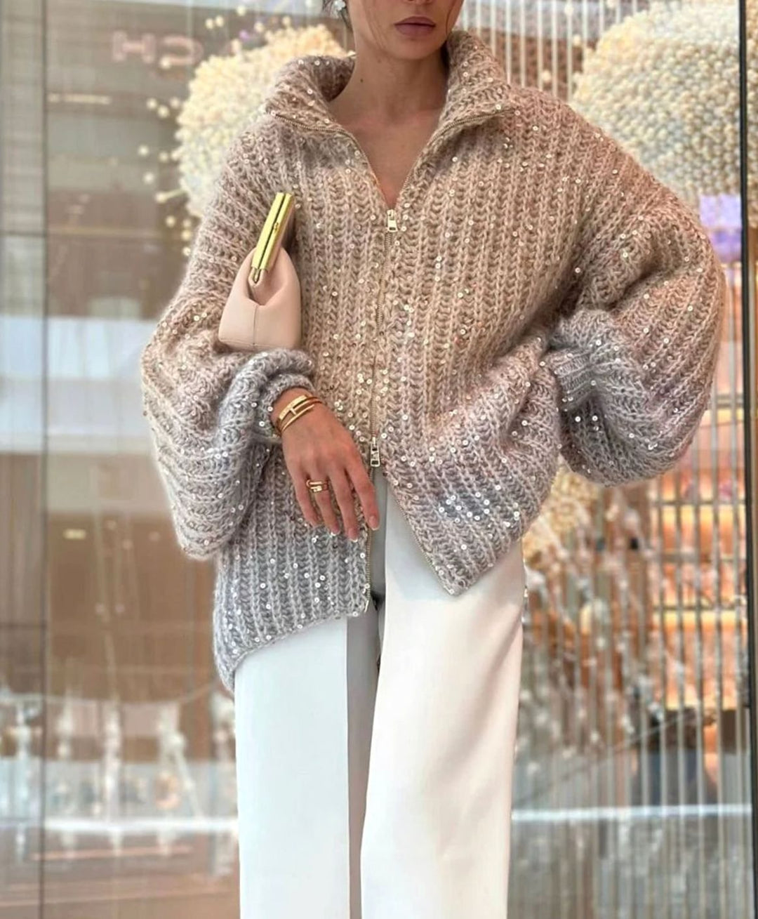 Women's Oversized Sequin Zip-Neck Chunky Knit Cardigan Sweater